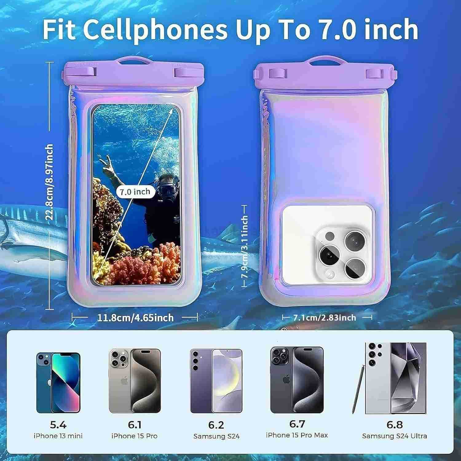 Waterproof Phone Pouch Case for iPhone 16 Pro Max15141312 IP68 Travel Cellphone Dry Bag Beach Cruise Ship Essentials Bags with Crossbody Lanyard Iride