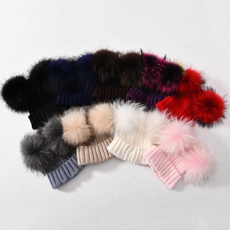 Winter Real Fur Ball Beanie Hat for Women Ladies Fluffy Double Natural Raccoon Fur Pom Skullies Beanie Hat With 2 Fur PompomXJ250910