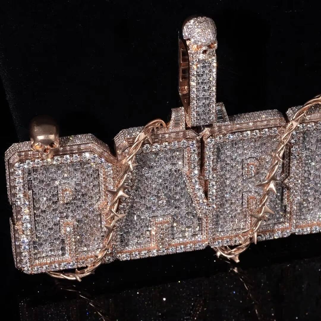 Custom Made Thorn And Birds Baguette Name Letter Pendant Rose Gold Over Sterling Silver Match 18MM Cuban Link Chain Necklace