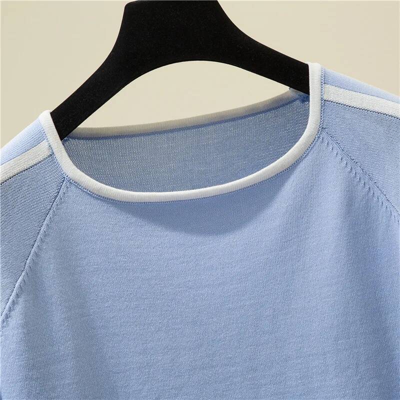 Casual Thin Knitted T-Shirt Camisetas Mujer Summer Short Sleeve Tops Elegant Woman Clothes Striped Fashion Tee Shirt Femme 18841 dongdumaoyi