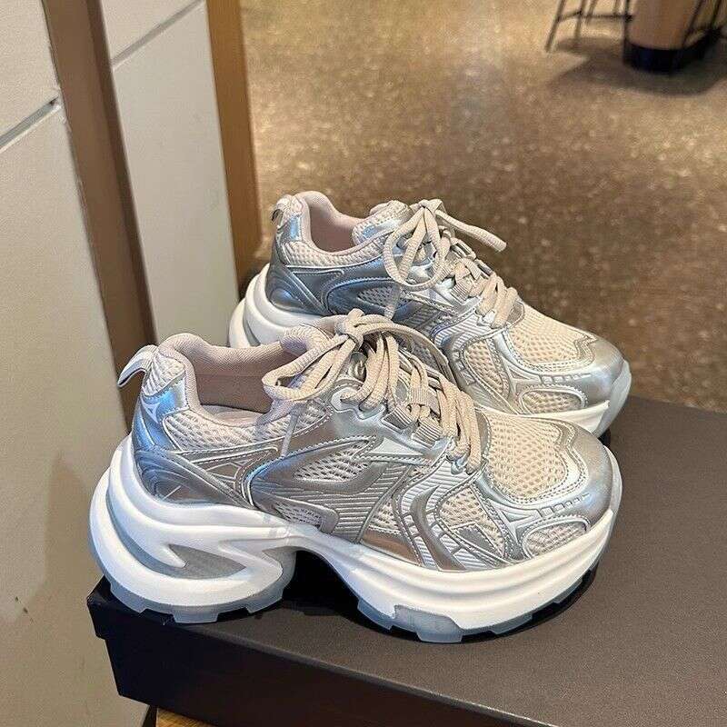Silver Thick-Soled Dad Sneakers for Women 2025 Summer New Mesh Breathable Versatile Casual Height-Increasing Sports Shoes