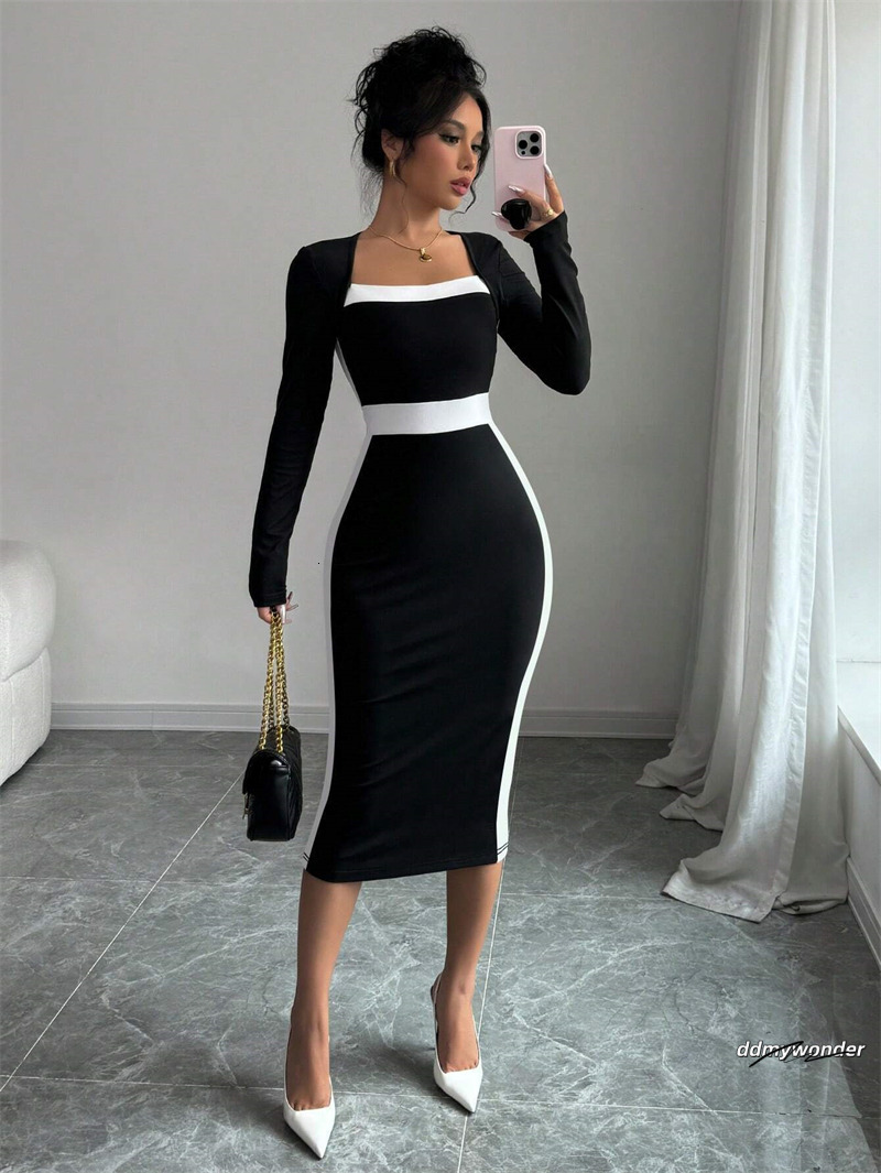 Free Shipping Designer Fashion Classic Versatile Light Womens Clothing Splicing Color Collision Medium Skirt Long Sleeved Dress