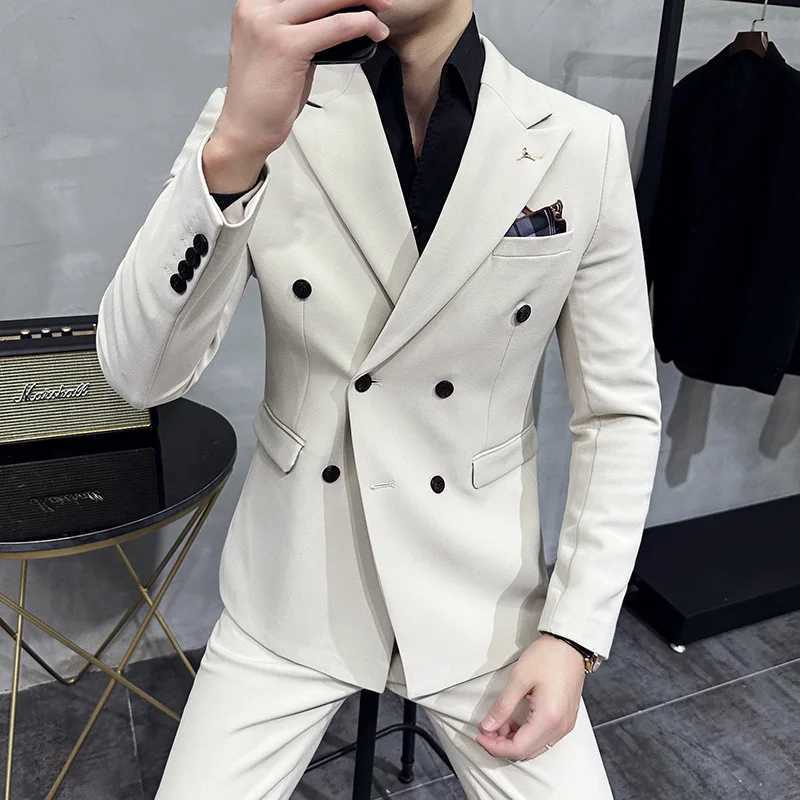 Mens Suits Blazers Pants Boutique Fashion Solid Color Doublebreasted Mens Casual Business Slim Suit 2piece Set W250910