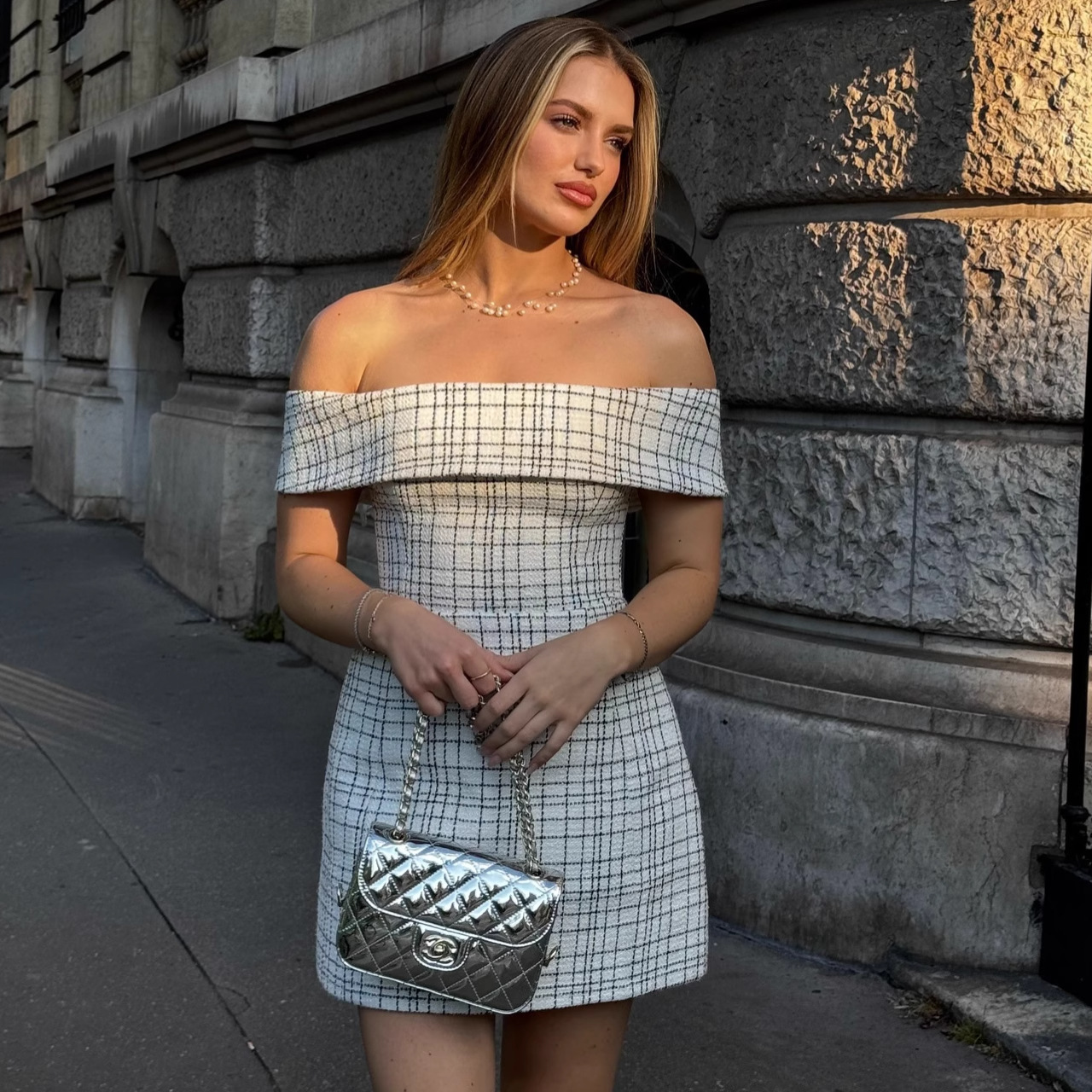 L94Women's new fashion tight plaid hip skirt European and American sexy one-shoulder dress female