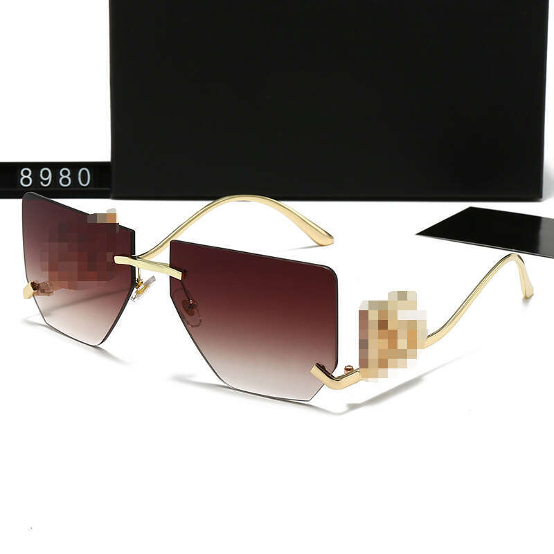 New Men and Women Metal fashion Rimless Cut Edge Large Frame Curved Leg Hollow Letter Sunglasses Korean Street Style Glasses 8980