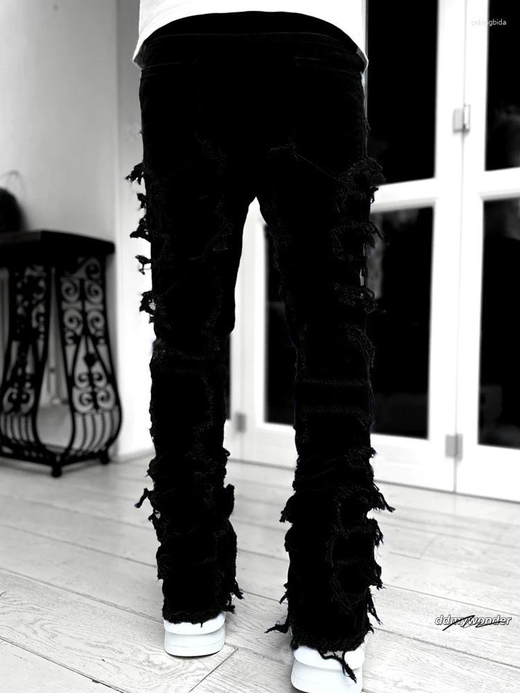 Men's Jeans Autumn Solid Fashion Mid Waist Patchwork Long Pants Male Streetwise Stretch Patch For Men Bottom Baggy Clothing