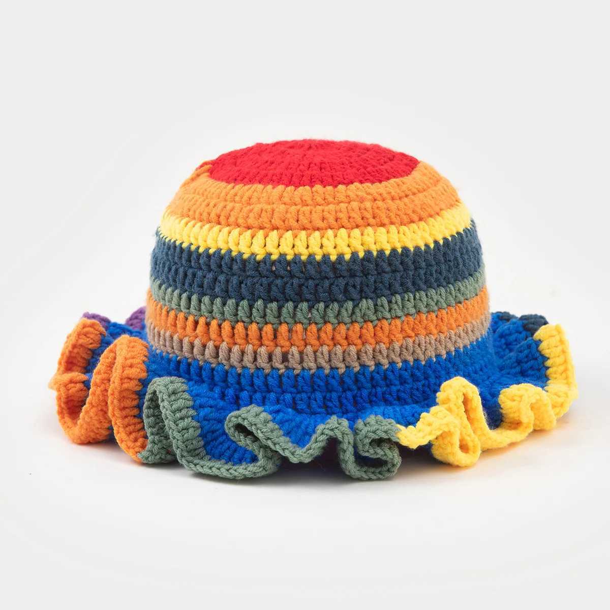 Lotus edge pleated striped color blocked pure handmade knitted hat for men and women autumn and winter warm woolen hatXJ250910