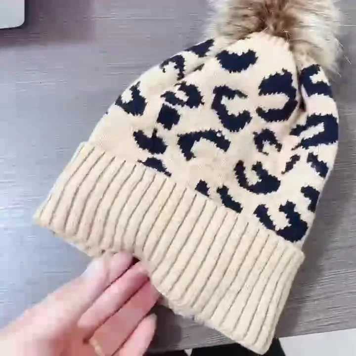 Women Knit Beanie Winter Warm Slouchy Hat with Leopard Print Faux Fur Pom Folded Brim Skull C for WomenXJ250910