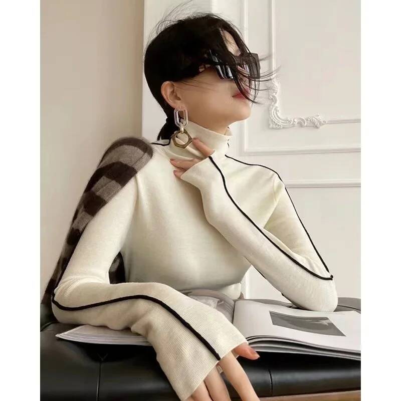 High Neck Knitted Sweater Women Autumn Winter Trendy Color Blocking Slim Fit Sweaters Female Base Simplicity Long Sleeved Tops dongdumaoyi