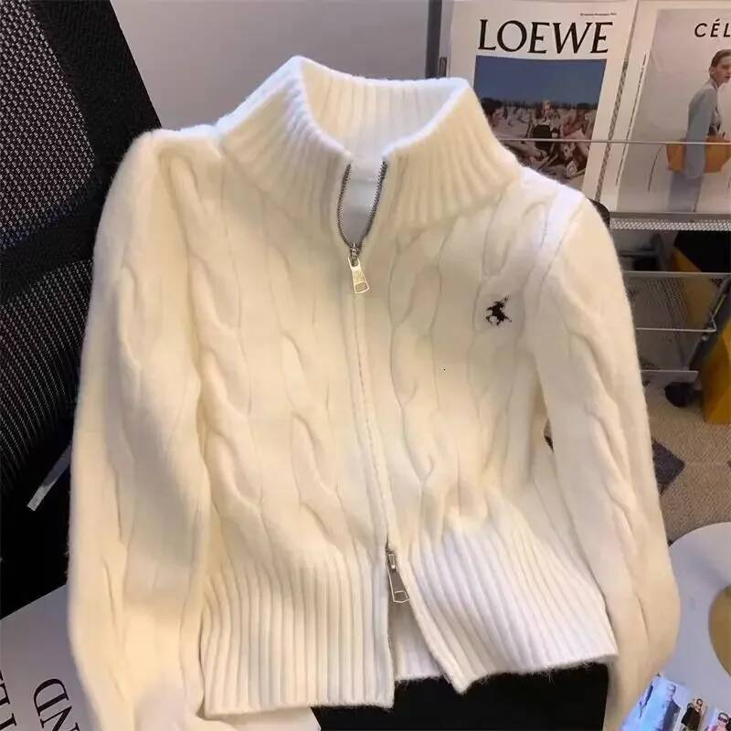 Vintage Korean Style Stand Collar Sweater Jacket Autumn/Winter Age-Reducing Zipper Embroidery Knitted Cardigan University Top dongdumaoyi