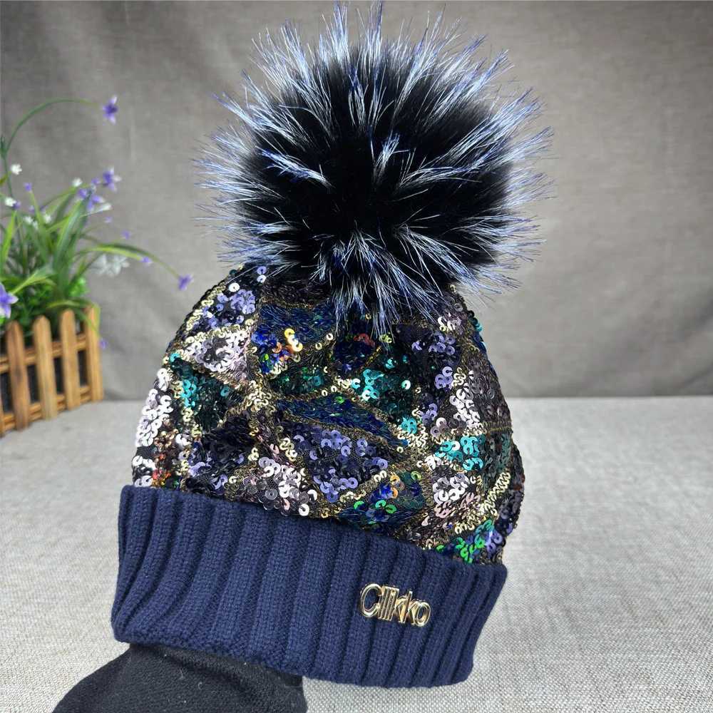 Cllikko brand sequins artificial fur ball knitted wool hat for wens autumn and winter warm ear protection fashion G250910