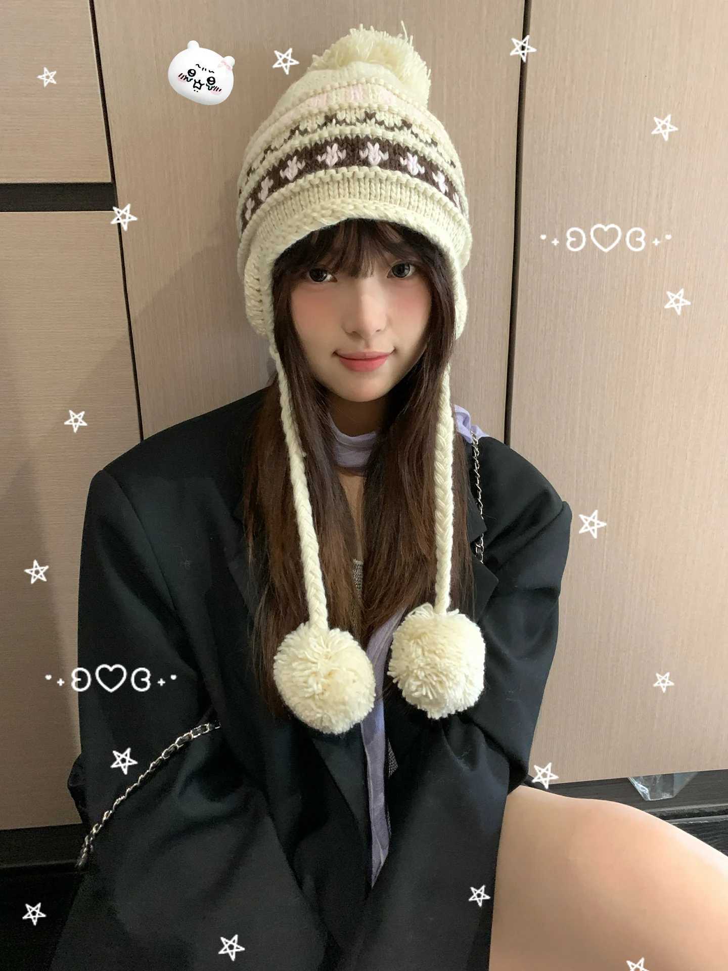 Autumn And Winter Fair Lsle Style HandKnitted Woolen Hat For Women Warm And Cute Ball Earmuffs To Show Off A Small Face AndXJ250910