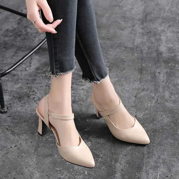 2023Soft Leather Solid Color Sandals Women Summer New Style Thick Heels with Baotou Fashion Highheeled Womens Shoes W250910