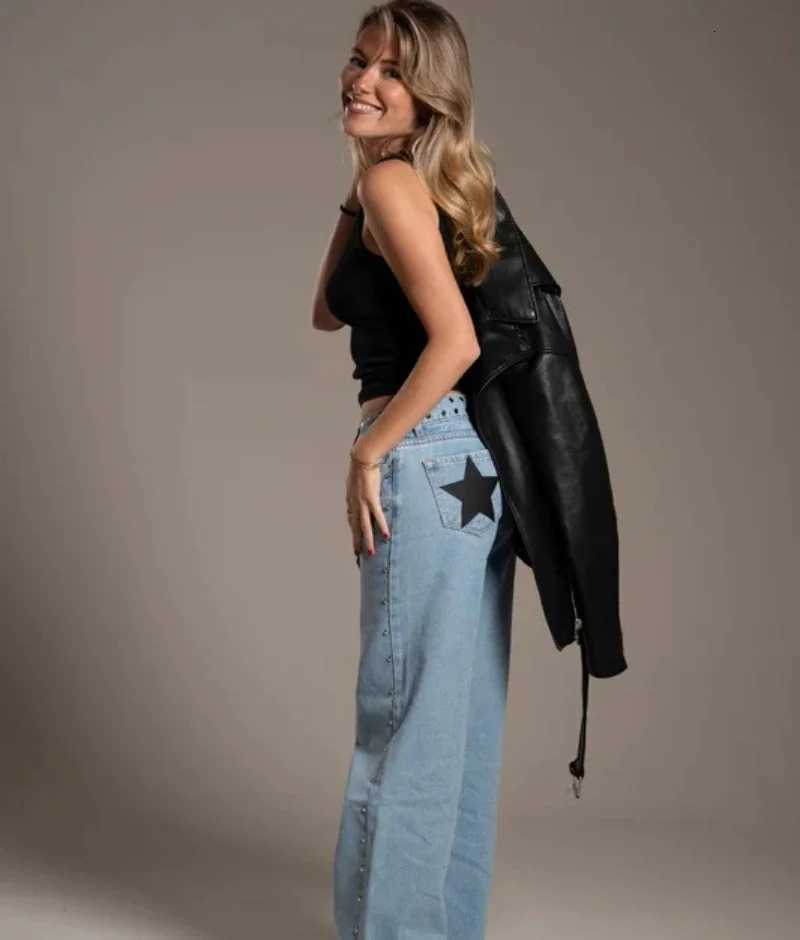 New Fashion Retro Rivet Star Print Baggy Straight Blue Jeans Y2K Womens Simple Classic Wideleg Jeans Hiphop Harajuku Jeans Z250910