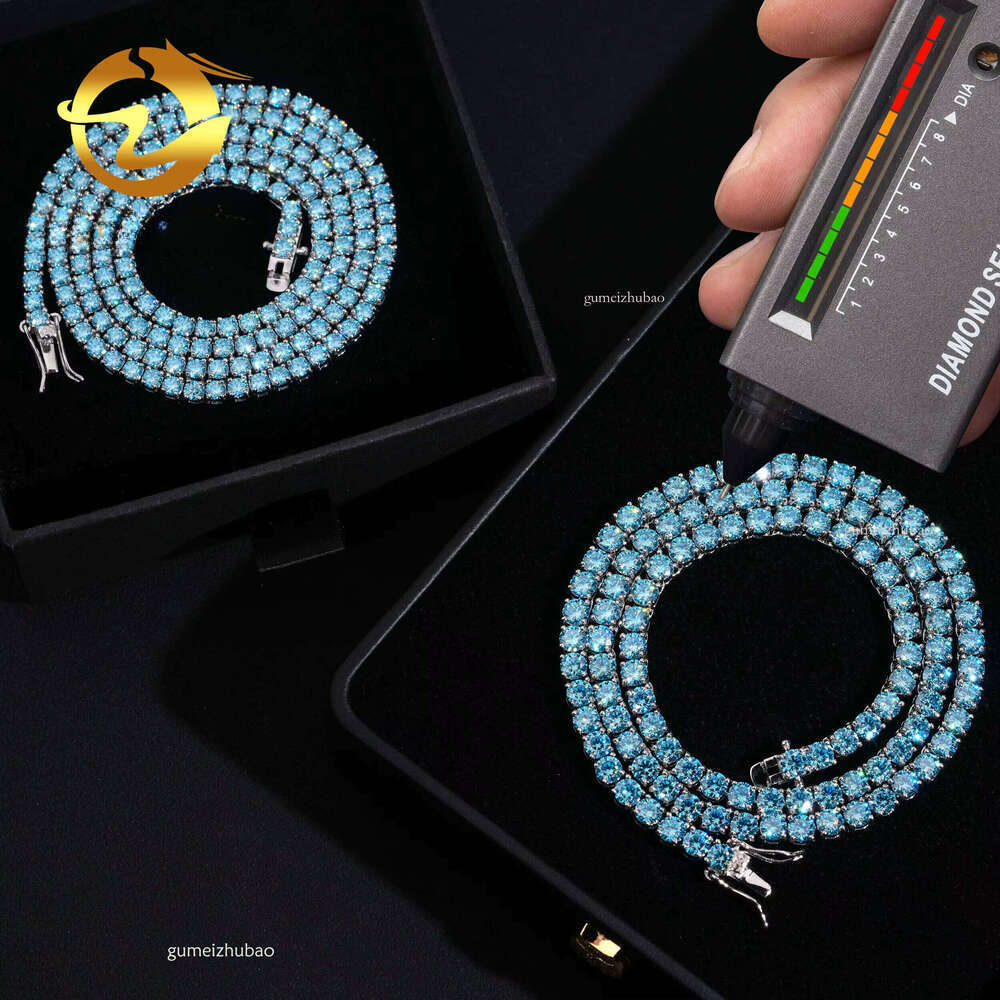 Ice crystal senior designer style Hip-Hop Tennis Chain Jewelry 3mm 4mm Aquamarine Blue Chrysolite Necklace