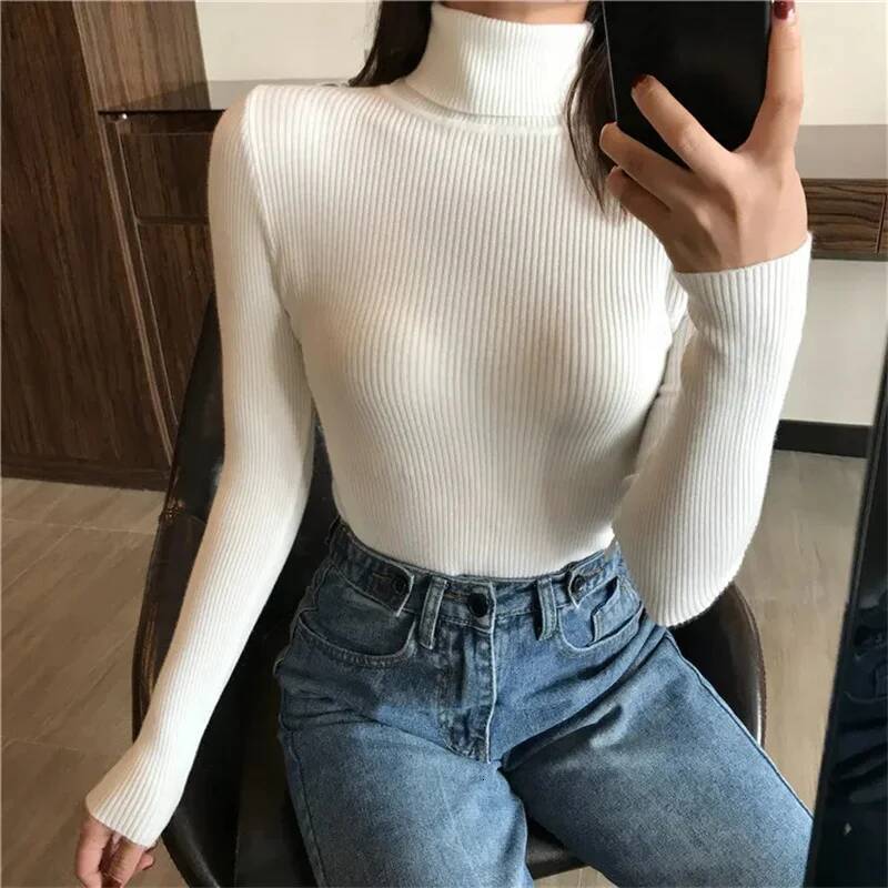 Autumn Winter Thick Women Knitted Ribbed Pullover Sweater Long Sleeve Turtleneck Slim Jumper Soft Warm Pull Femme dongdumaoyi
