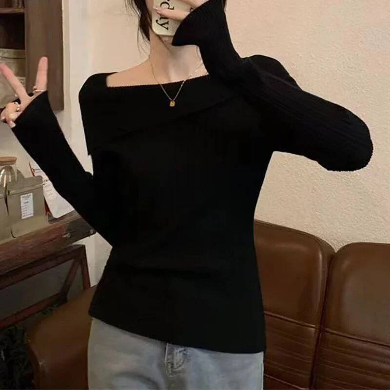 Solid Sexy Slim Off Shoulder Slash Neck Long Sleeve Knitting Sweater Women Jumpers Office Fashion New dongdumaoyi