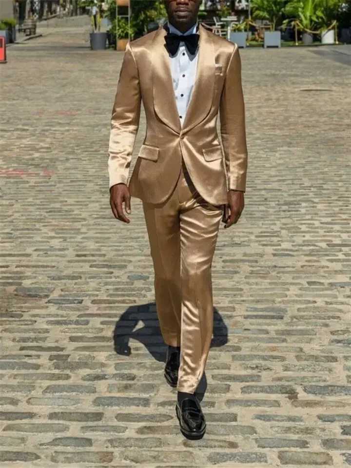 2 Pieces Gold Silk Satin Men Suits Blazer Pants Groom Prom Party Wedding TuxedosCodtume Homme Mariage W250910