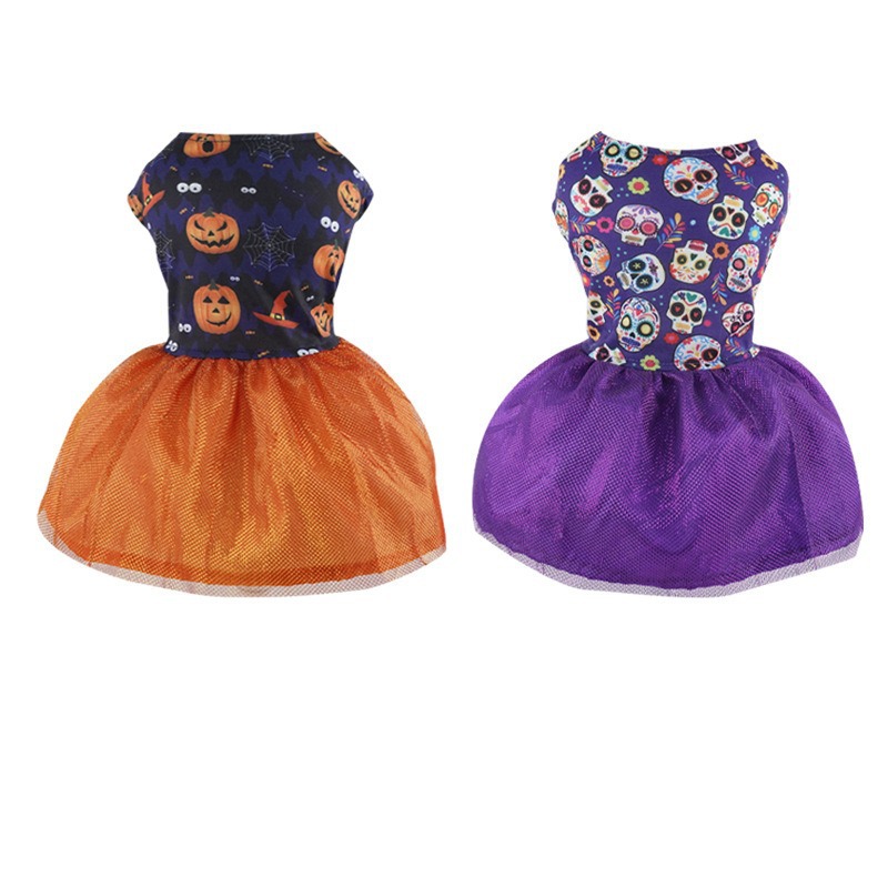 Halloween Dog Dress with Double-Layer Mesh Skirt Pumpkin & Colorful Skull Prints for Dogs 2-14kg Perfect for Halloween Parties Themed Events & Daily W