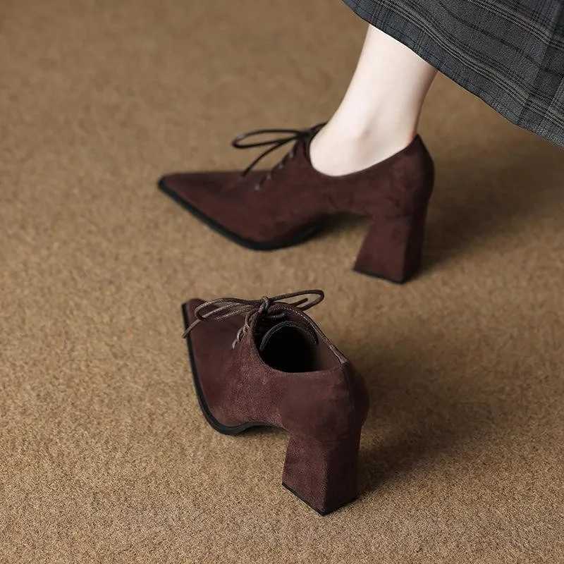 Krazing Pot Sheep Suede Comfort Spring Shoes Chunky Heels Oxford Shoes Pointed Toe Lace Up Women Deep Mouth British School Pumps W250910