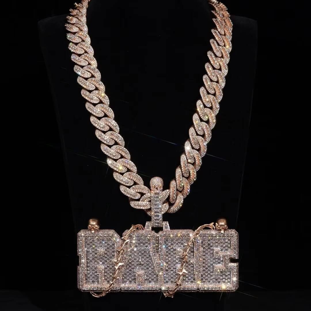 Custom Made Thorn And Birds Baguette Name Letter Pendant Rose Gold Over Sterling Silver Match 18MM Cuban Link Chain Necklace