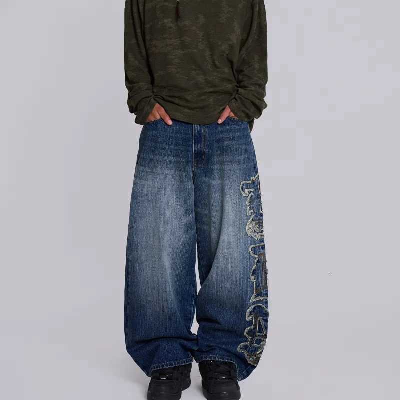 Y2K Vintage Side Letter Patch Womens Jeans American Design Sense Hiphop Blue Loose Wideleg Pants Couple Streetwear Jeans Z250910