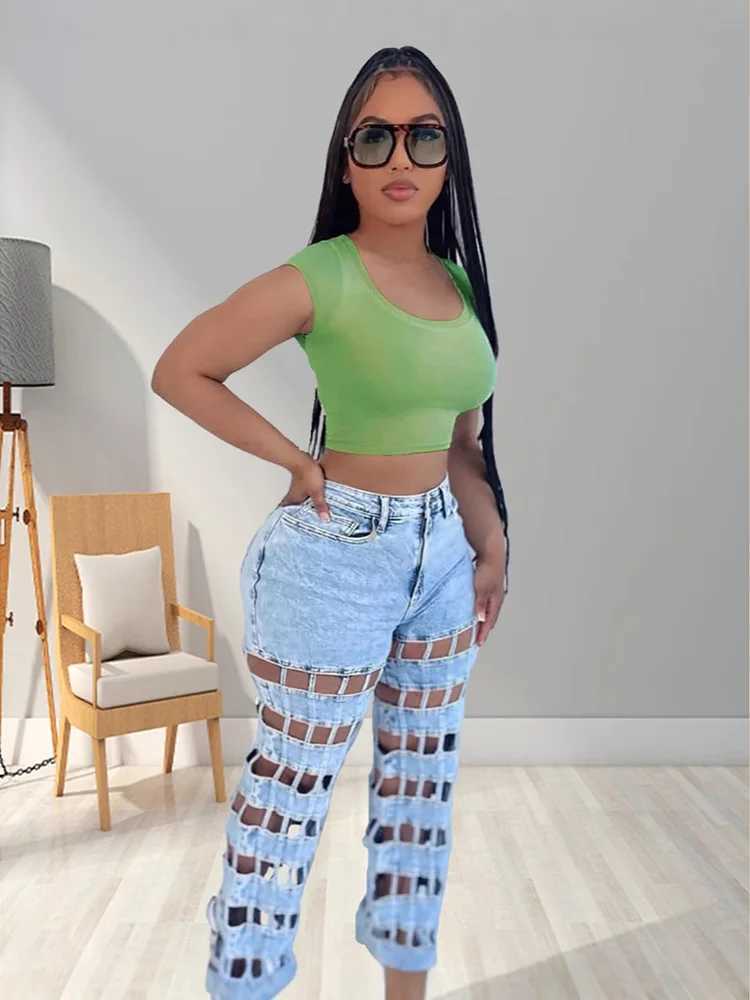 Fashion Hollow Out Denim Pants Woman Solid Color High Waist Wide Leg Jeans Female Streetwear Bottoms Summer 2025 New Z250910