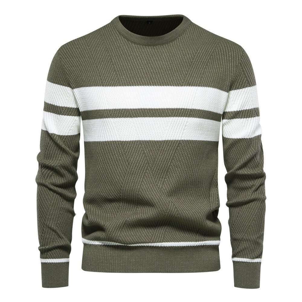 In stock autumn and winter casual striped pullover color block round neck men's European size knitted sweater