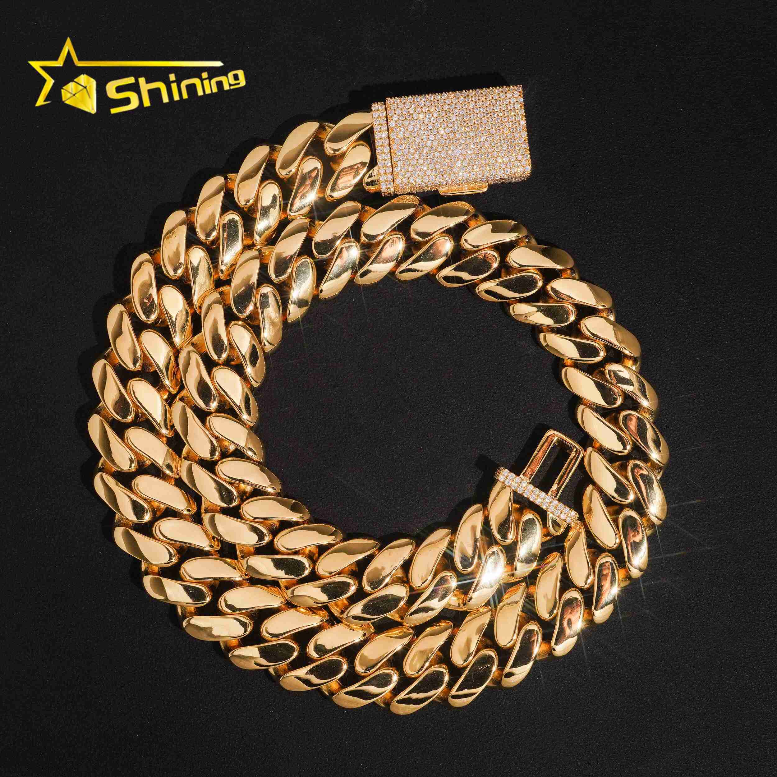 High Quality Bulk Wholesale Order 16MM Hand Made 999 Silver Cuban 18K Gold With Moissanite Clasp Lock