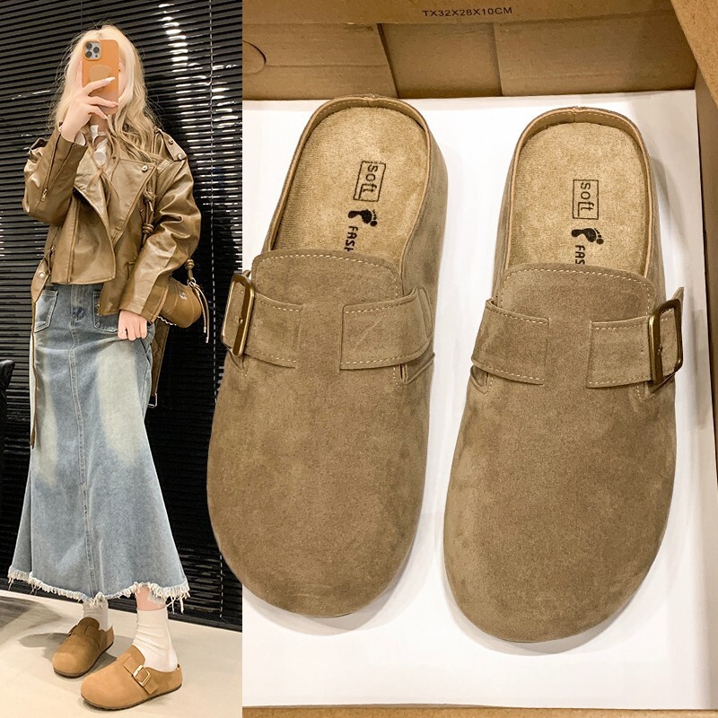Japanese style shoes autumn new designer shoes thick sole closed toe half slippers soft leather soft sole outdoor lazy fishing slippers