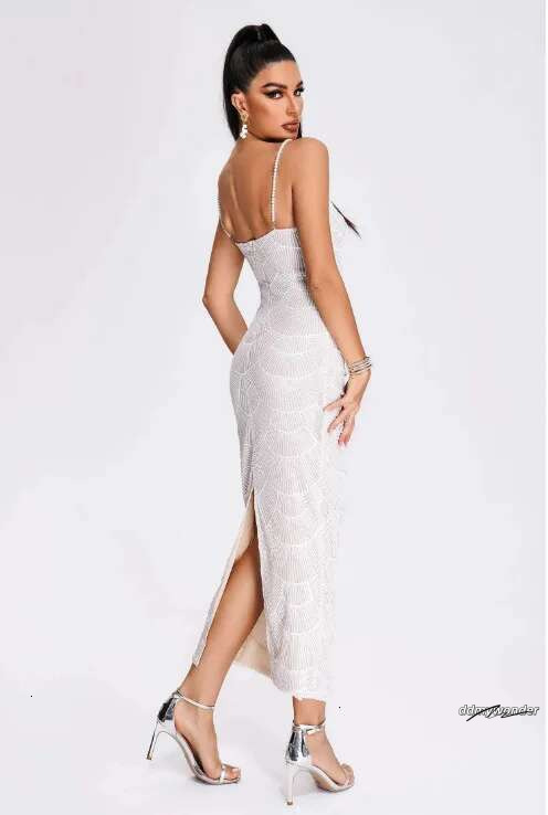 Hot Sale Women Sleeveless Sexy Strap Pearl Beading Sequins Bodycon Long Dress Celebrate Evening Party Birthday Outfit Vestido