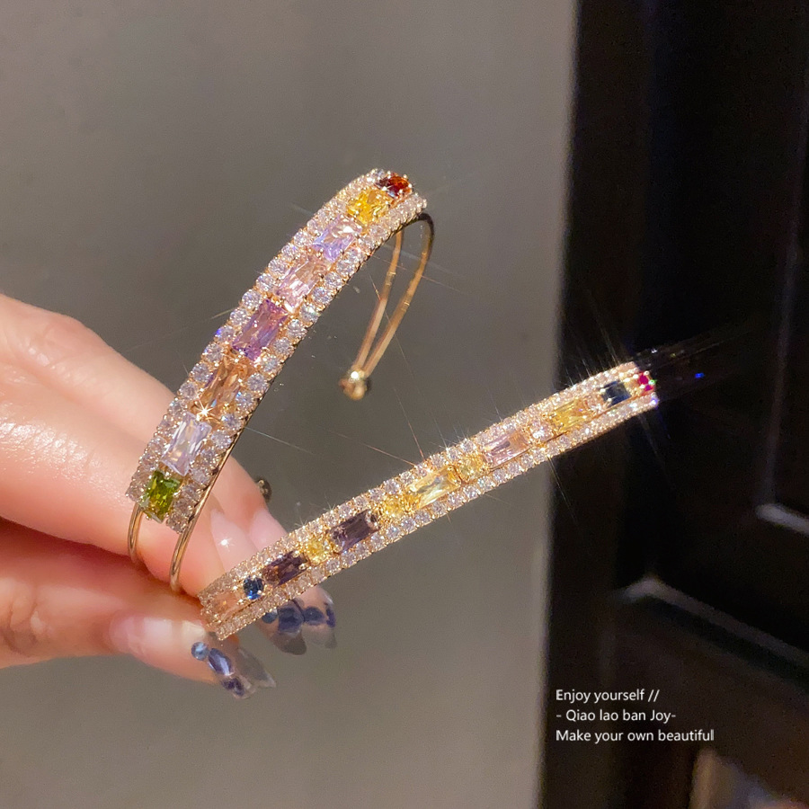 Gold-Tone Open Bangle With Mixed Color Baguette-Cut Crystals White Pave Detailing, Vibrant Luxe Style, Perfect For Elevating Party