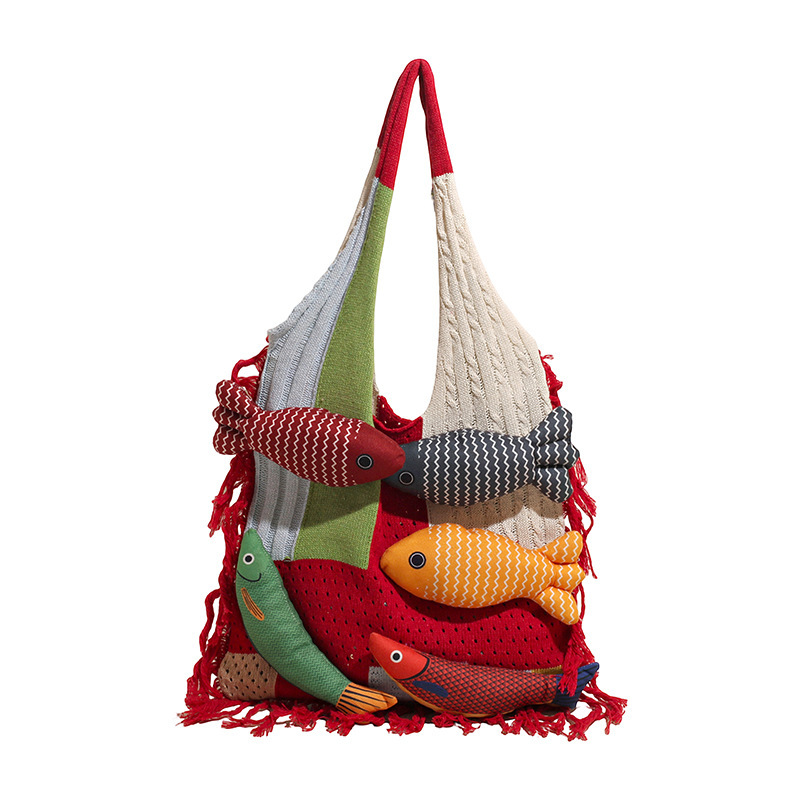 2025 Autumn New Lazy Style bag Knitted Handbag Fashion Large Capacity Cute Small Fish Patch Women's Shoulder Bag Designer Bag