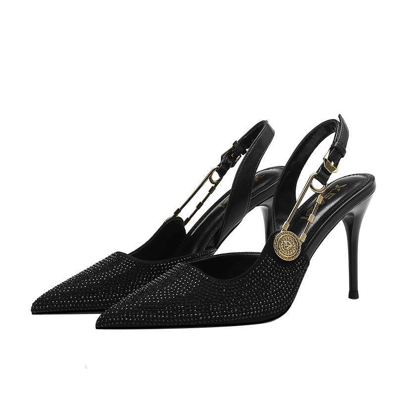 P7 Summer New Baotou Sandals Women's Rhinestone Pointed Toe Shoes Temperament Lady High Heels Black Half Slippers