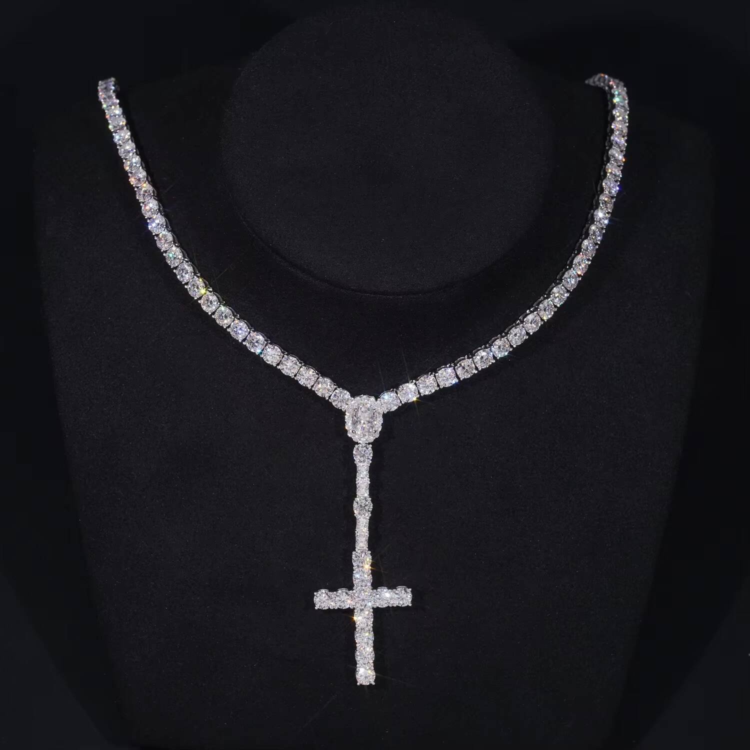 New Arrival Hot Sell Iced Out 5MM Width 925 Sterling Silver VVS Moissanite Rosary Cross Tennis Chain Necklace