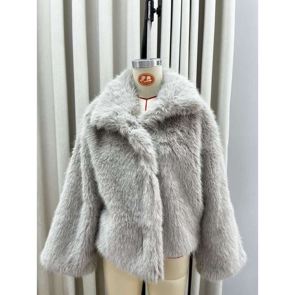 Real Shot - Turn-Down Collar Plush Faux Fur European and American Cross-Border Autumn Winter Fashion Comfortable Casual Warm Coat Top