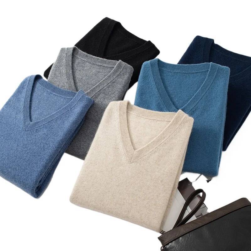 Wool Men's V-neck Pullovers Cashmere Knitting Hot Sale Spring Autumn Sweaters Knitwear High Quality Jumpers Clothes dongdumaoyi