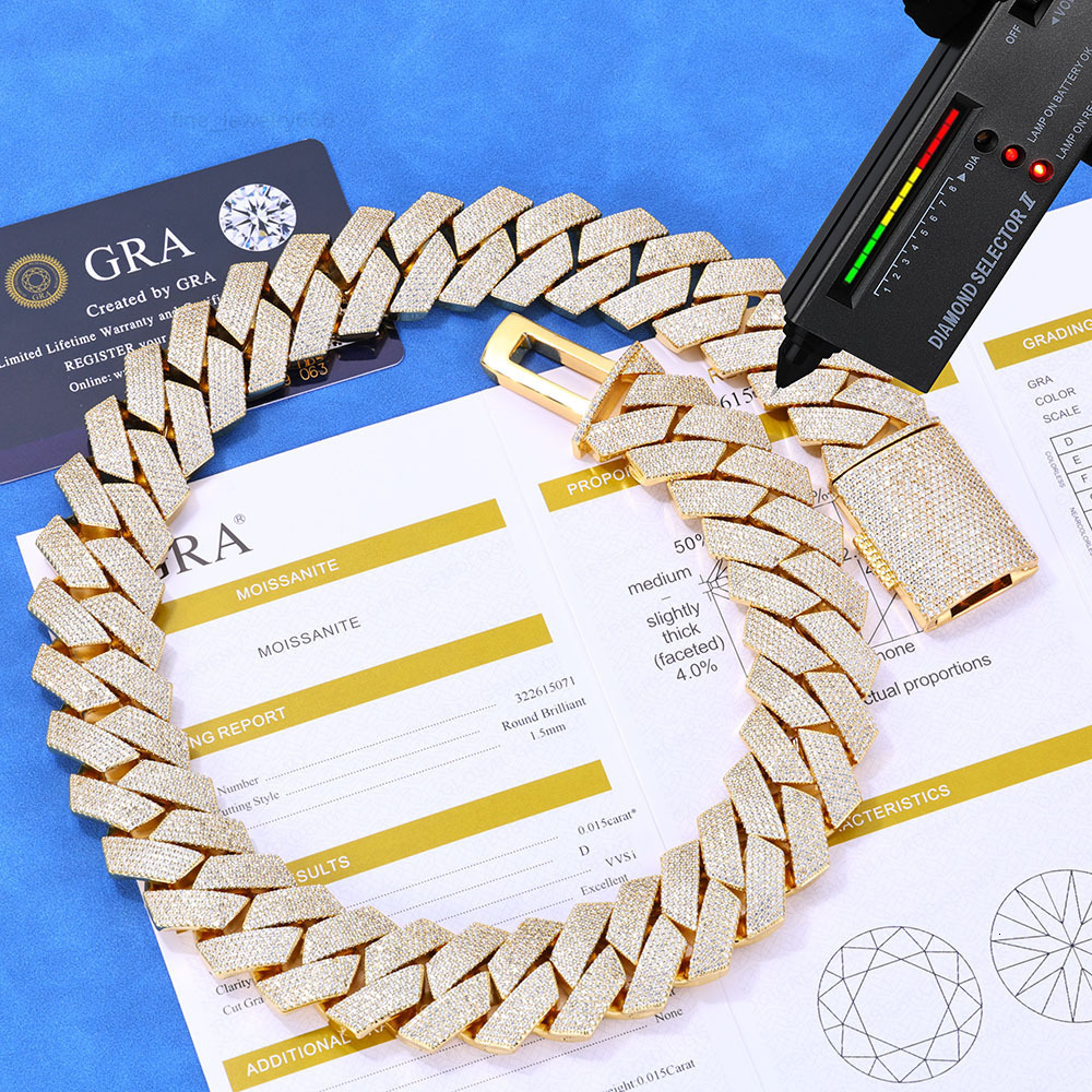 VVS Moissanite Hip Hop S925 Sterling Silver High Quality 20MM Diamond Cuban Link Chain Three Row Cuban Link Necklace