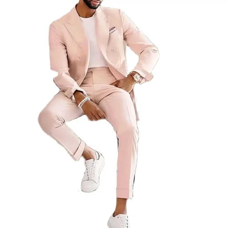 Elegant Groomsmen Men Suits Double Breasted Peak Lapel Flat Front Pink Solid Color High End 2 Piece Jacket Pants Male Clothing W250910