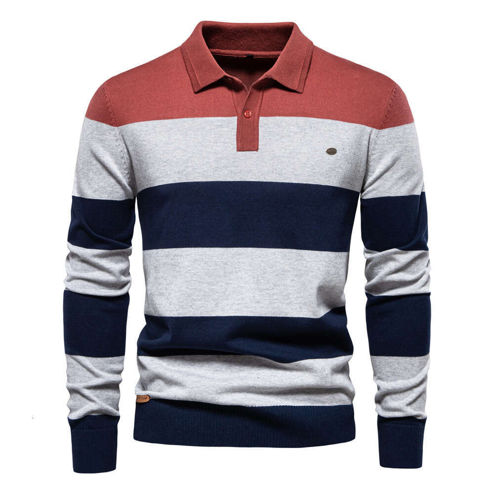 2024 Autumn New Long Sleeve Polo Collar Slim Fit Lapel Striped Patchwork Men's European Size Knitted Sweater