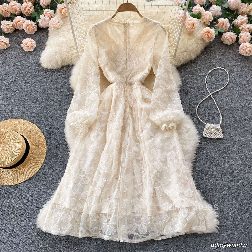 Gentle And Feminine Slim Waist Knee Length Long Sleeve First Love A-Line Skirt Elegant Temperament V-Neck Lace Dress ddmywonder ddmywonder ddmywonder 