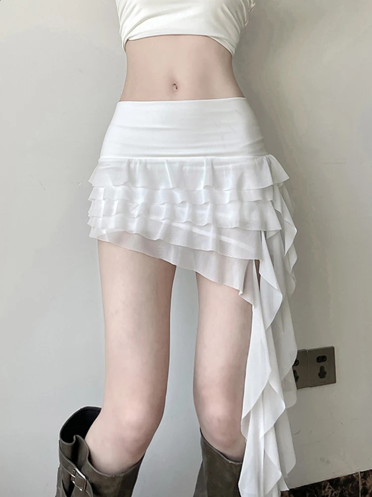 Zoki Ruffles Sexy Mesh Y2K Skirts Women Slim Streetwear Vintage High Waist Mini Skirt Harajuku Retro Irregular Skirt 250910 - view 3
