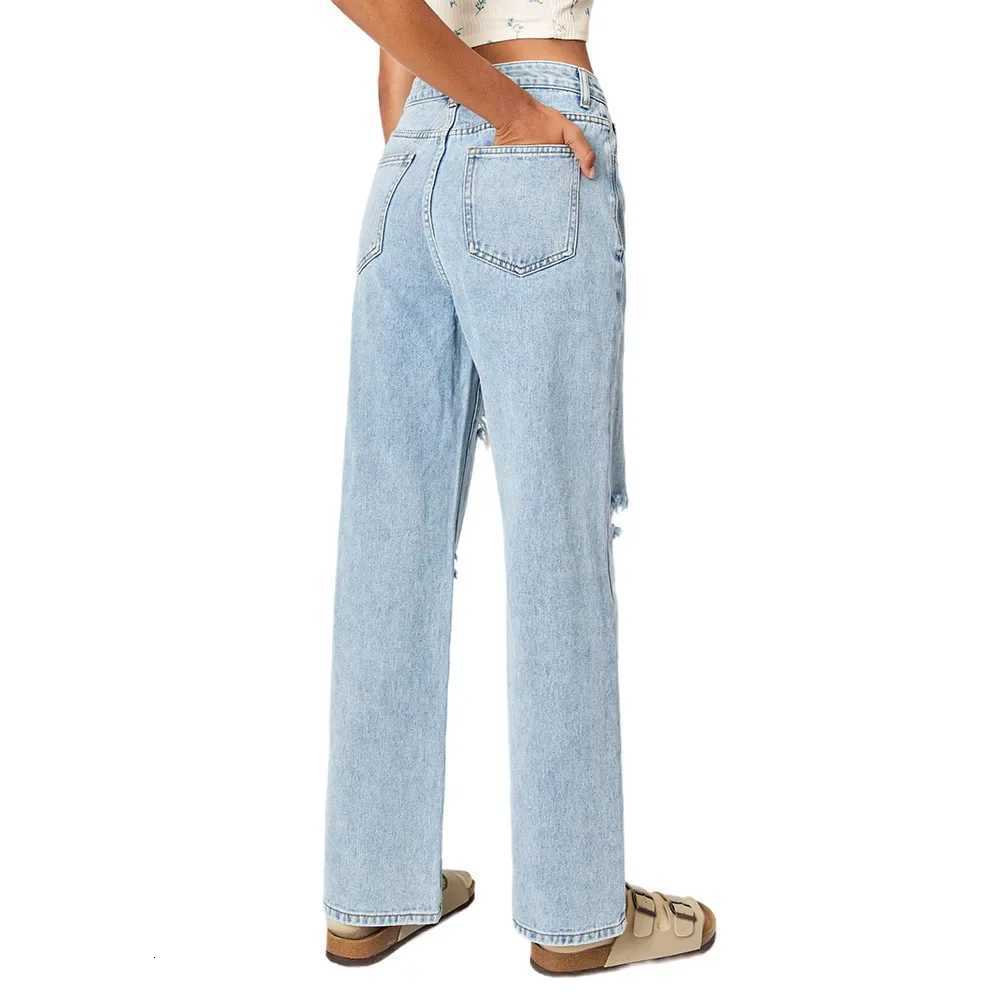 Straight Pants Women Streetwear Hole Jeans High Waist Ripped Washed Pockets 2025 Vintage Basics Ankle Length Trousers Denims Z250910