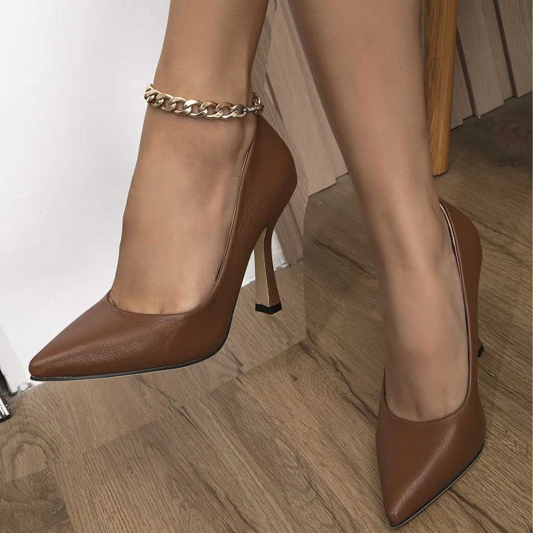 EAGSITY cow leather Brown Pumps stiletto heel shoes women pointed toe high heel shoes wedding office ladies dress party W250910