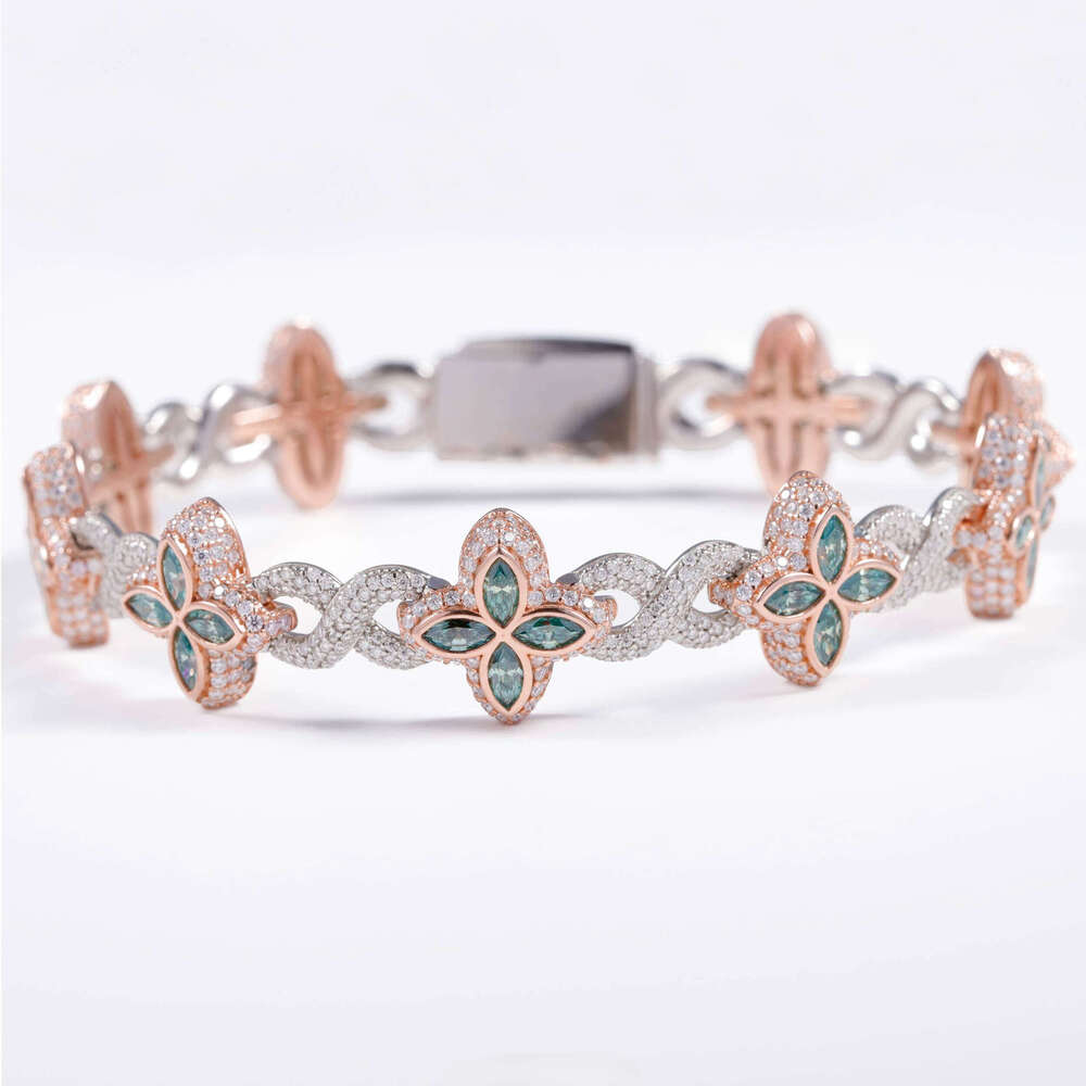 Charm Colorful Marquise Eye Moissanite Four Leaf Clover Sier Cuban Chain Mens Women Jewelry Bracelet Bangles