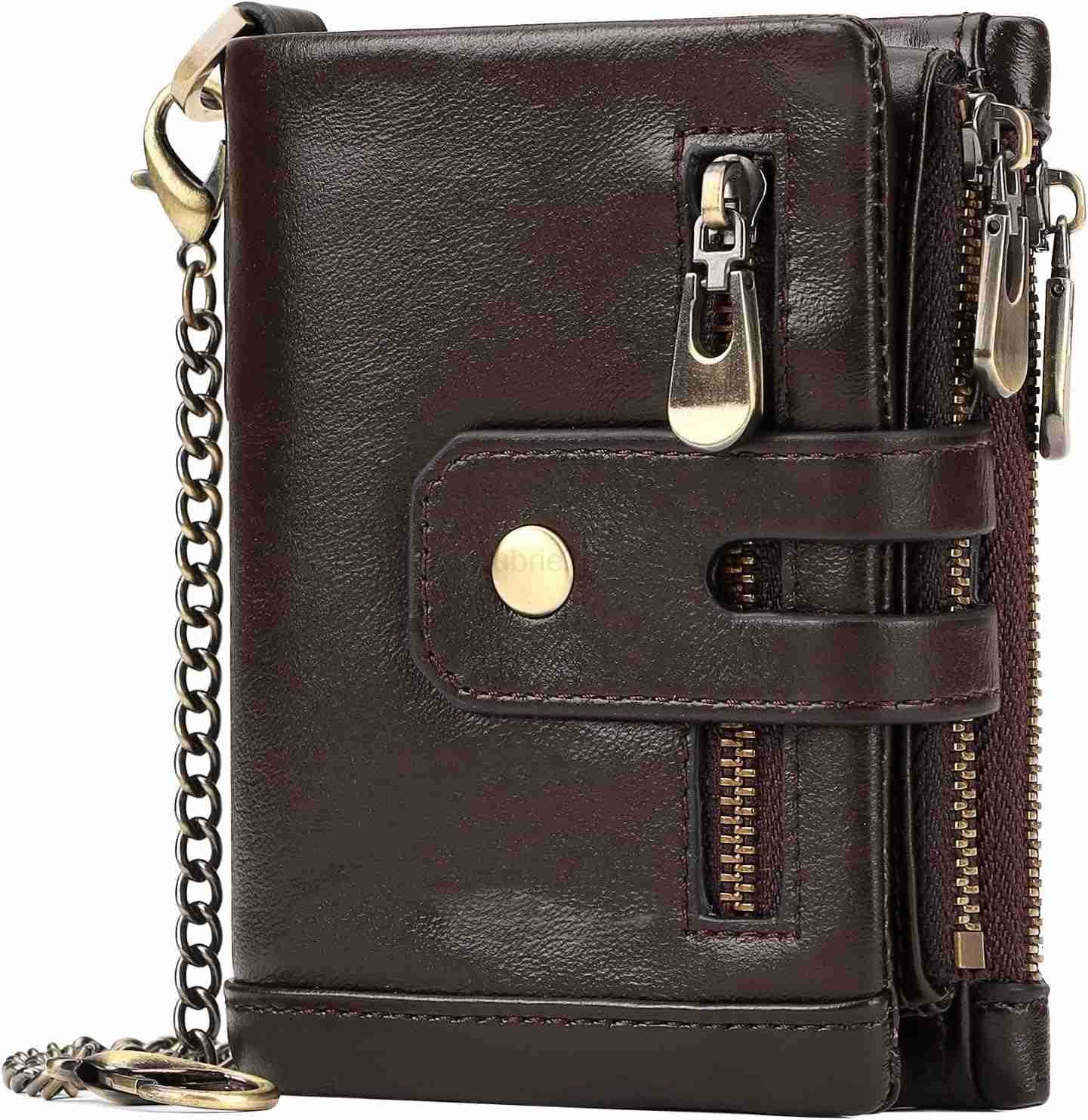 Mens Wallet with Chain RFID Blocking Genuine Leather Bifold Purse for Men with ID Window and Zip Coin PocketZ250910