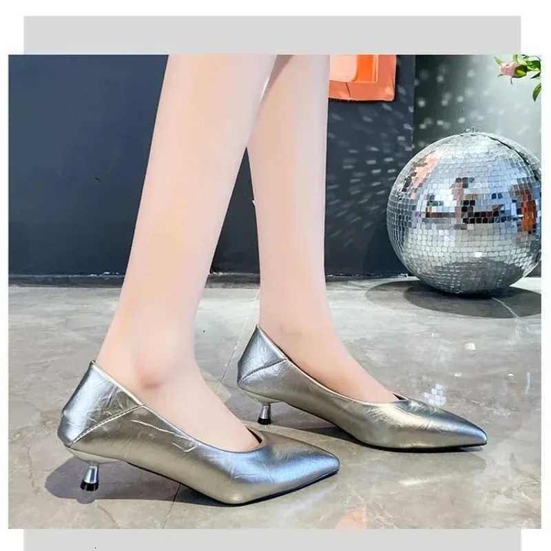 New Womens Boat Shoes Pointed Toe Pumps Kitten Heel Dress Shoes Silver Office Work Shoes for Female Black Spring Autumn W250910
