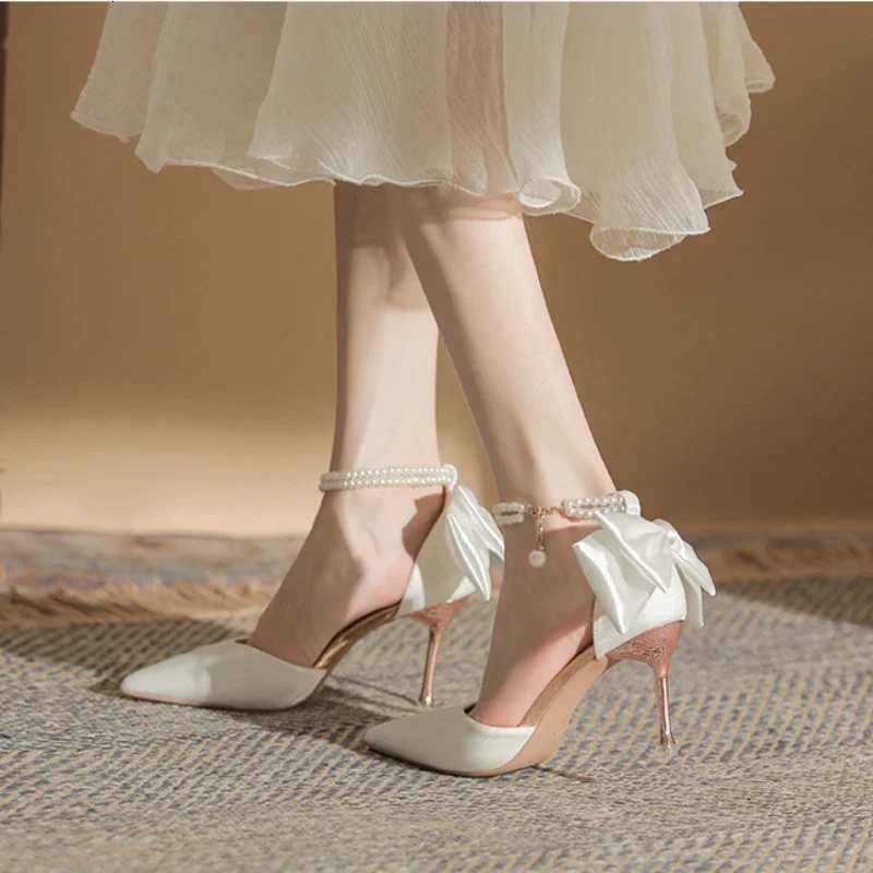 2024 Autumn New Womens High Heels Bow pointed thin heeled footwear Fairy style pearl single shoes Fashion elegant ladies pumps W250910