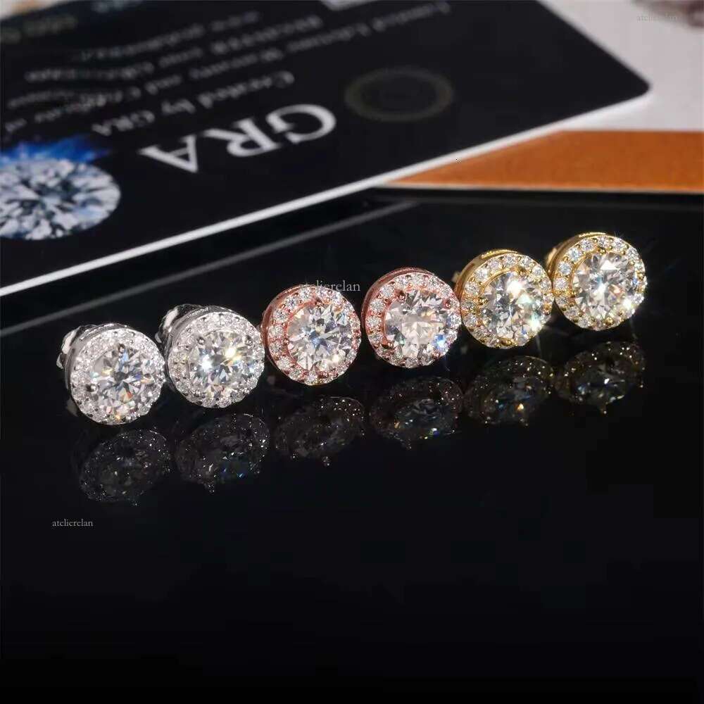 Fine Jewelry Halo 1ct Center Dia Pass Test Sterling Sier Moissanite Men Hip Hop Earrings