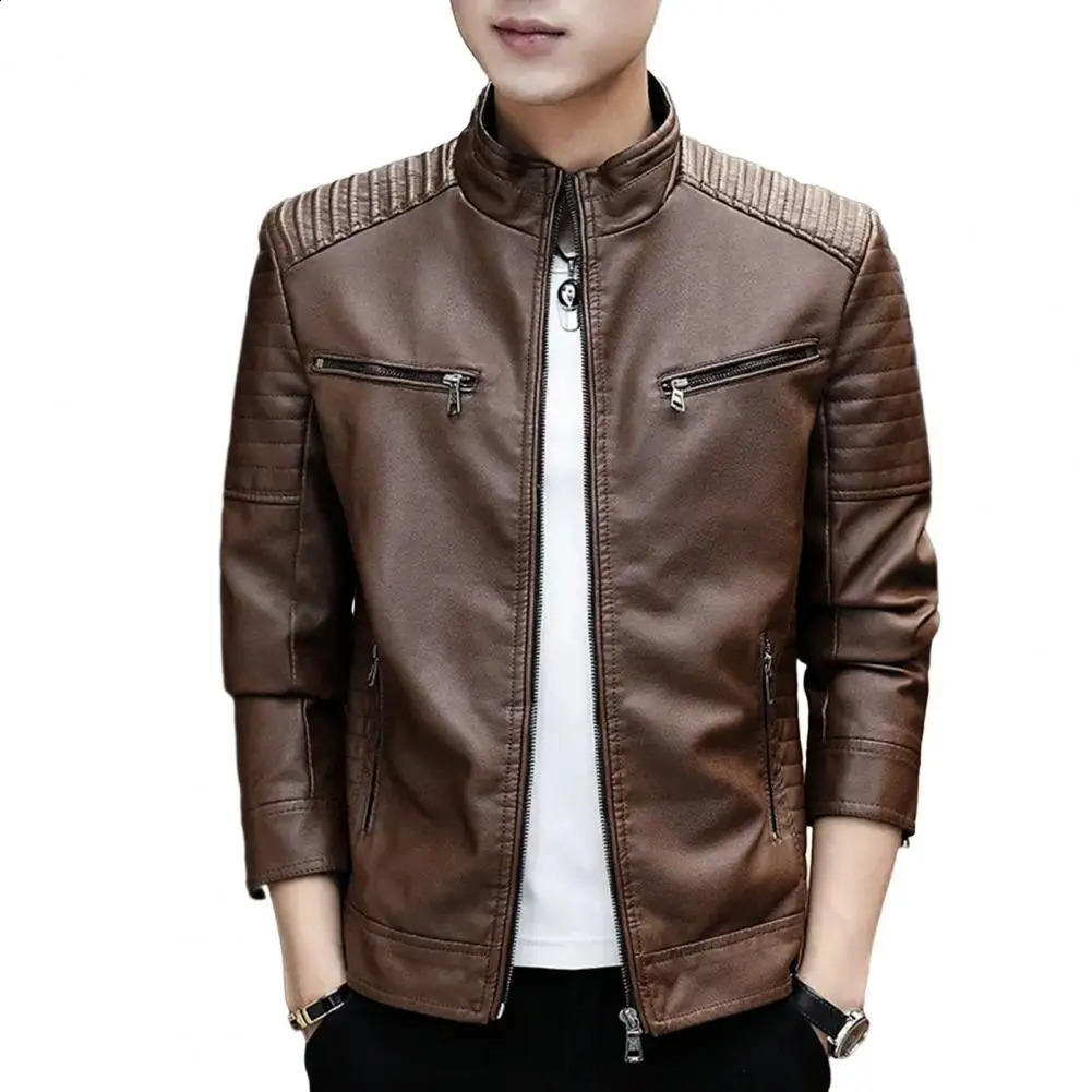 Men Faux Leather Jacket Fleece Lining Mens Fleecelined Stand Collar Stylish Pleated for Autumnwinter 250910